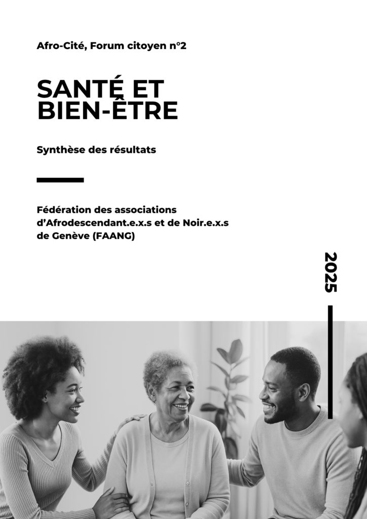 Page de couverture du rapport Afro-Cité sur la santé des afrodescendant.e.x.s à Genève - Une femme âgée noire entourée d'un homme et d'une femme souriants, en noir et blanc
