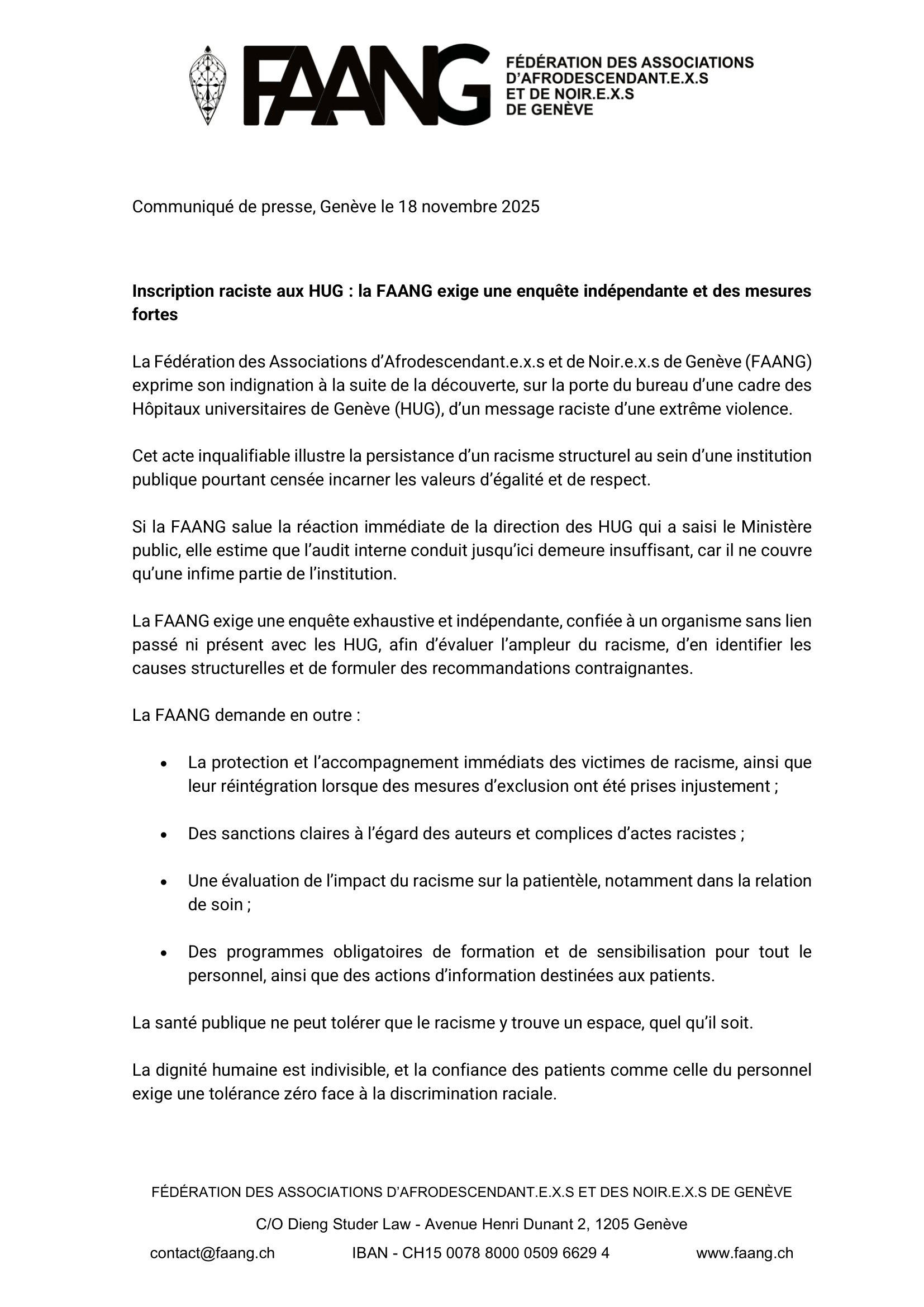 Communiqué de presse de la FAANG dénonçant les actes de racisme aux HUG et appelant à une enquête indépendante.