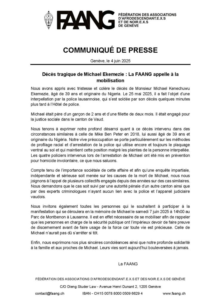 Communiqué de presse de la FAANG - décès de Michael Kenechuwu Ekemezie à Lausanne suite à une interpellation policière, appel à la mobilisation et à une enquête indépendante