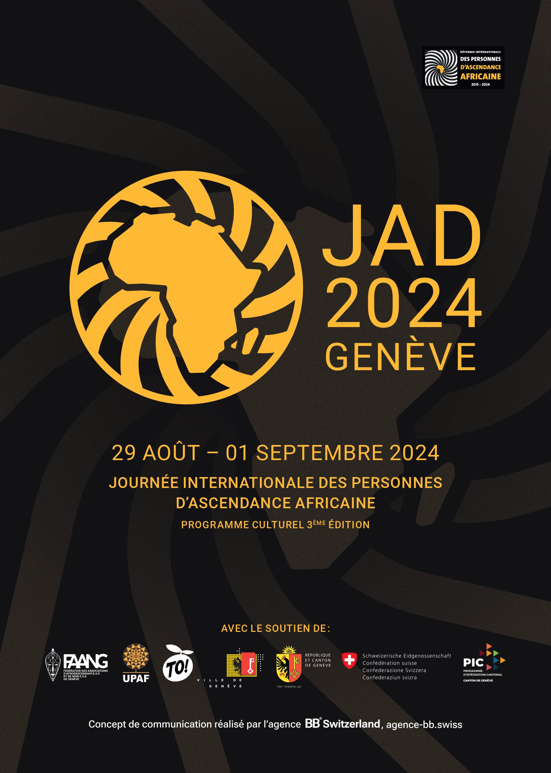 Flyer officiel de la Journée internationale des personnes d'ascendance africaine JAD 2024 à Genève