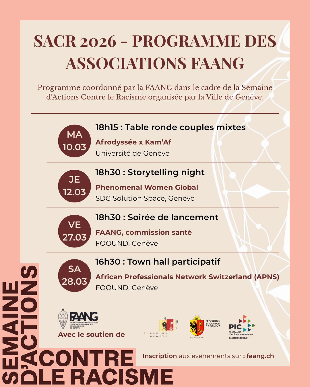 Programme des événements coordonnés par la FAANG dans le cadre de la Semaine d'Actions Contre le Racisme 2026 à Genève.