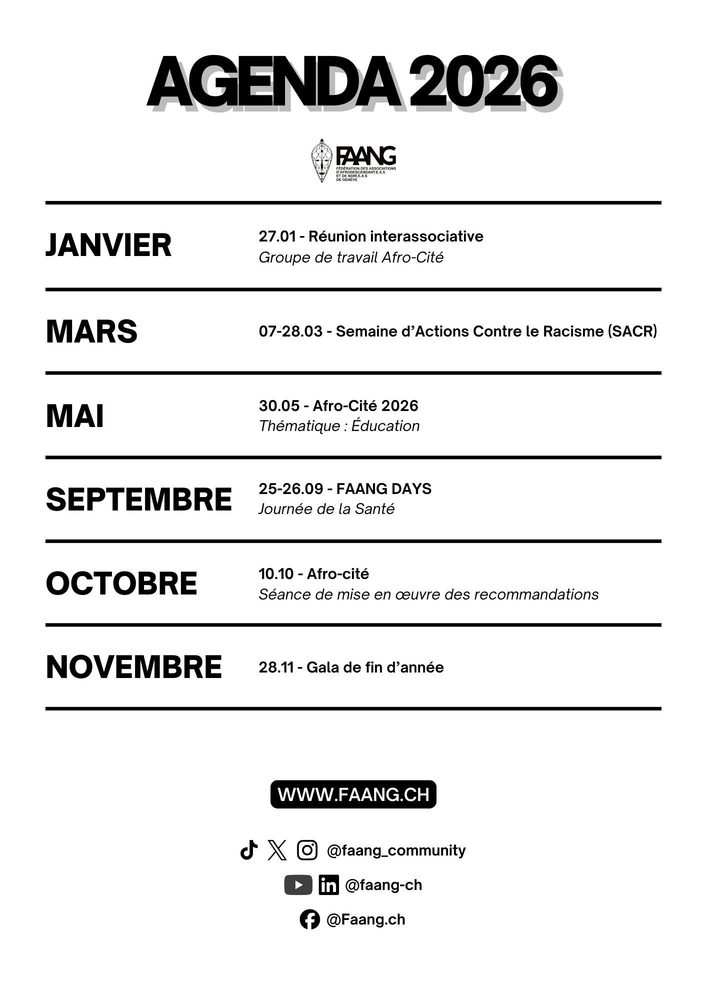 Agenda FAANG 2026 qui présente les événements organisés par la Fédération des associations afrodescendantes de Genève